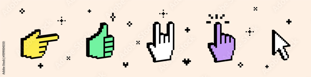 3D vintage different hand gestures vector icon set. Pixel art. Y2k pointing finger sticker. Bright geometric objects isolated on white background. Rock hand symbol. 3D thumbs up like emoji. Cursor