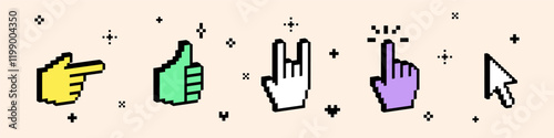 3D vintage different hand gestures vector icon set. Pixel art. Y2k pointing finger sticker. Bright geometric objects isolated on white background. Rock hand symbol. 3D thumbs up like emoji. Cursor