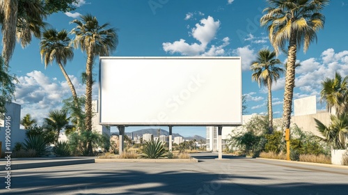 Blank white mockup large billboard sign palm trees advertising board template street marketing tropical building sky signage beach coastal road empty design promo tropical sea town hot summer carpark photo