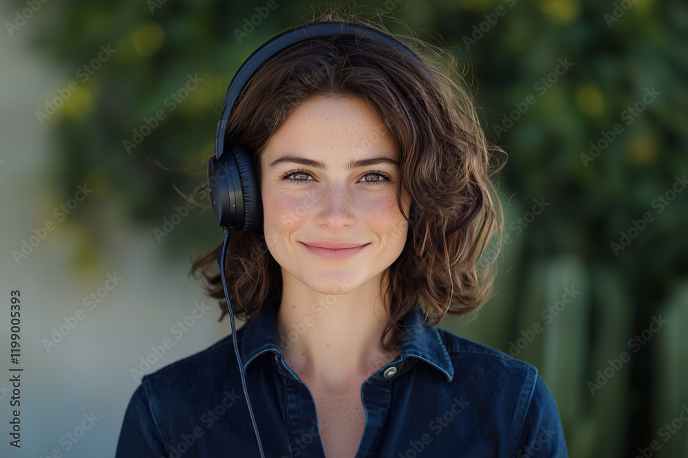 Support specialist in a casual setting wearing headphones and smiling, demonstrating excellent customer service skills outdoors Support specialist in a casual setting wearing headphones and smiling, demonstrating excellent customer service skills outdoors