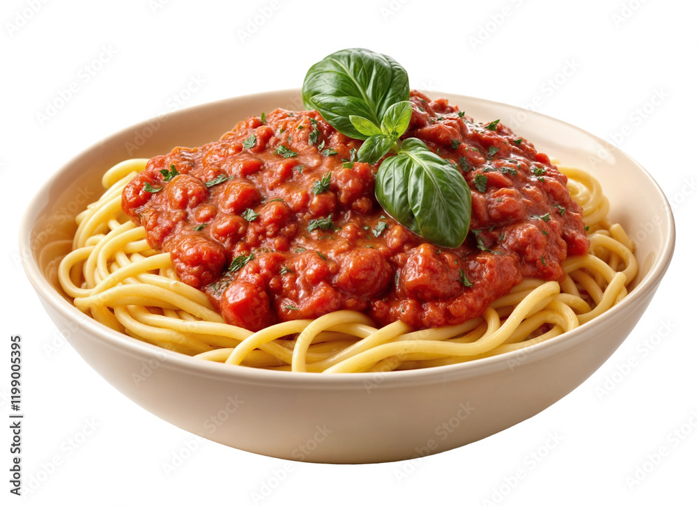 Bowl of spaghetti with tomato sauce and basil isolated on a transparent background Bowl of spaghetti with tomato sauce and basil isolated on a transparent background