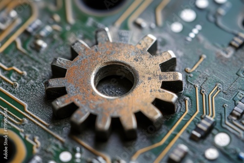 Close-Up View of Rusty Gear on Circuit Board with Detailed Tracks, Enhancing the Industrial Aesthetic of Technology and Engineering Concepts photo