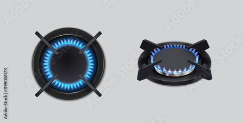 3d realistic vector icon illustration. Kitchen appliance. Gas cooking stove blue fire burner in top and side view. 