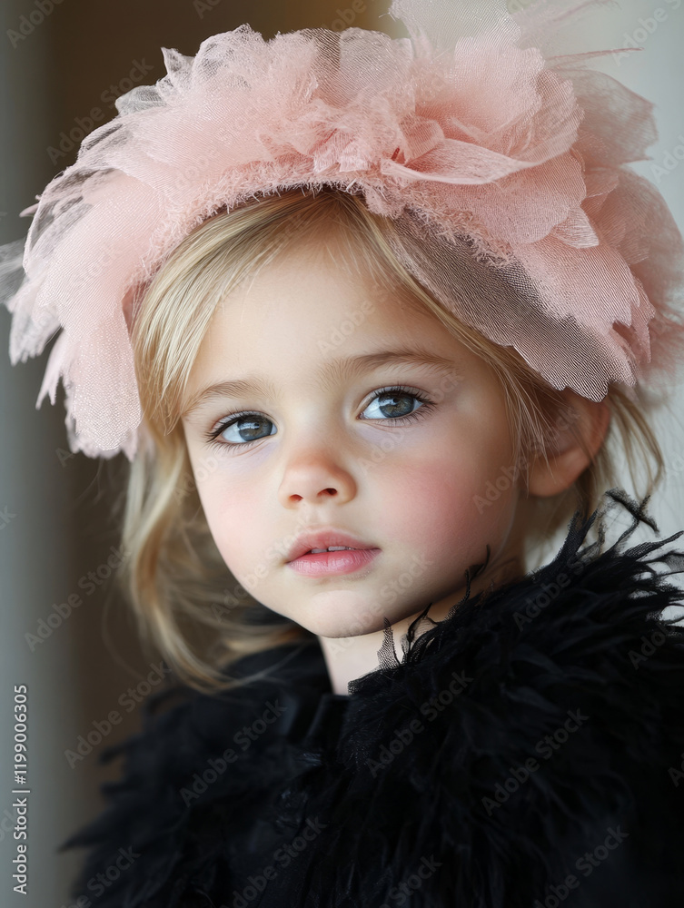 Blond child, pink flower headband, black fur collar. Blond child, pink flower headband, black fur collar.