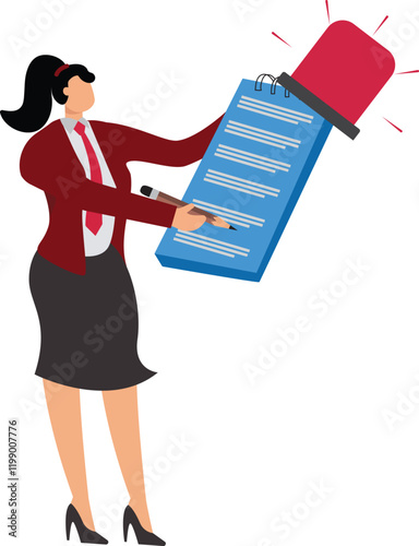 Business emergency action plan with businesswoman holding pencil standing next to siren and emergency plan list paper, emergency action plan, emergency action plan when business disaster occurs