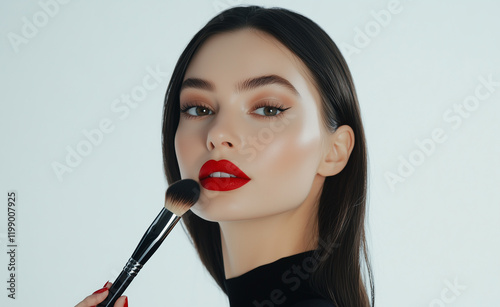 Stylish woman with red lips and sleek hair holding a makeup brush against a white background