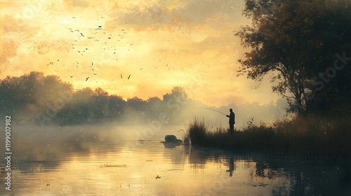 A man casting a fishing line into a quiet lake at dawn, mist rising from the water as birds call softly in the distance