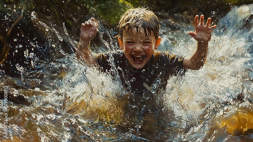 A child splashing playfully in a shallow stream, their laughter blending with the sound of flowing water photo