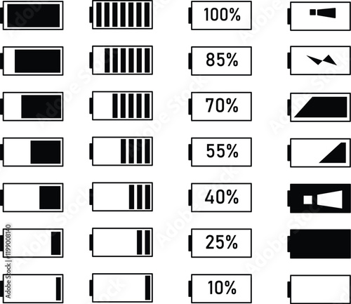 Battery icons set. Battery charge level indicators icons set. Discharged and fully charged battery. level battery energy. Vector illustration