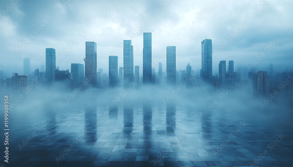 Obraz premium Foggy city skyline reflected on wet pavement