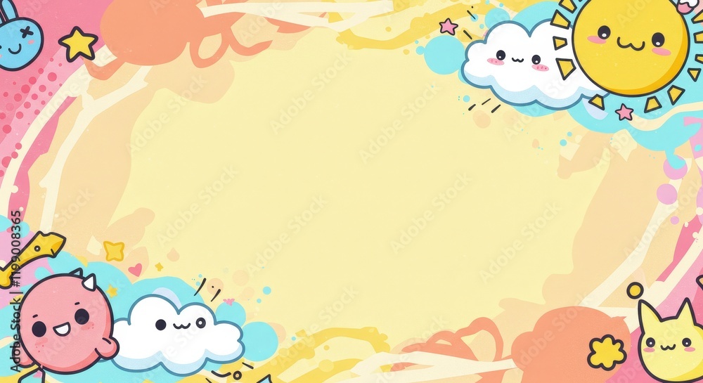 Cute kawaii background with sunny clouds and playful characters Cute kawaii background with sunny clouds and playful characters