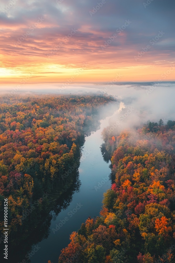 Aerial view of a foggy sunrise over a forest with colorful autumn foliage, a river, and clouds. Aerial view of a foggy sunrise over a forest with colorful autumn foliage, a river, and clouds.