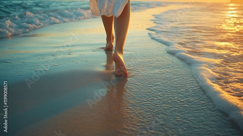 A woman walking barefoot along a secluded beach at dawn, the sand cool beneath her feet as waves lap gently nearby