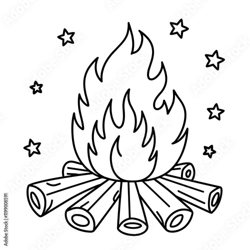 Easy and bold coloring page of a bonfire with stars in the night