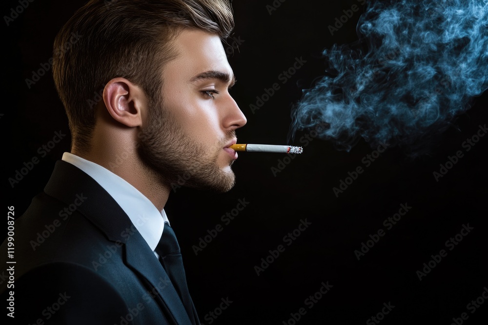 Fototapeta premium A person in a suit holds a lit cigarette, possibly outside or at an event