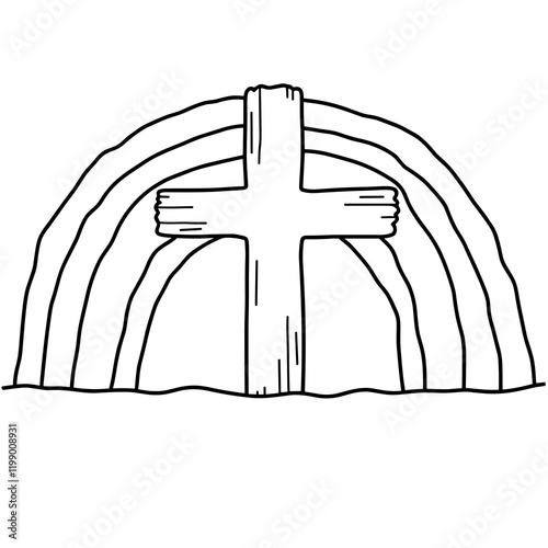 Easy and bold coloring page of a rainbow with a cross