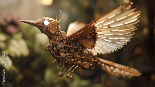 Design a steam-powered mechanical bird with brass wings, filigree feathers, and glowing eyes, delivering secret messages using intricate steampunk clockwork engineering. photo