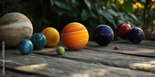 A wooden table featuring a variety of colorful eggs photo