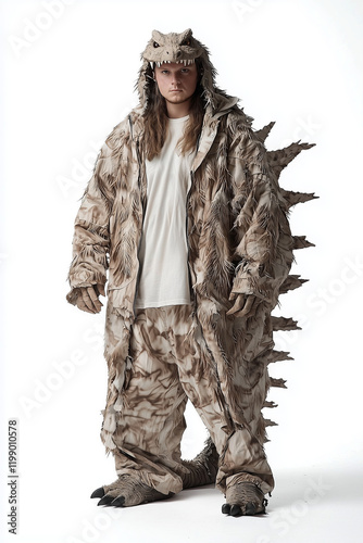 Unique full-height monster costume captures the essence of a legendary creature in a neutral backdrop, showcasing detailed texture and impressive stature photo