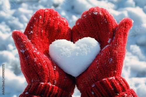 Female hands in red knitted mittens holding a small white heart-shaped piece of snow. Valentine day, romance, love background. photo