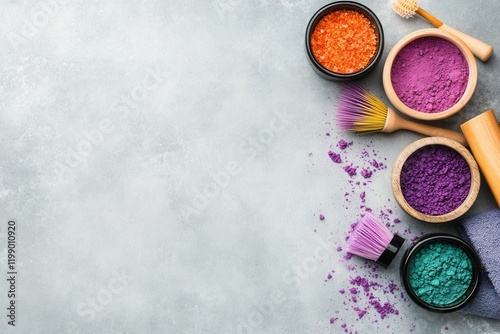 Colorful bath salts brushes on textured surface photo