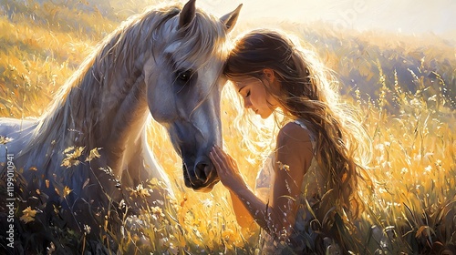 A woman gently stroking the mane of a horse in a sunlit meadow, their bond evident in her serene expression