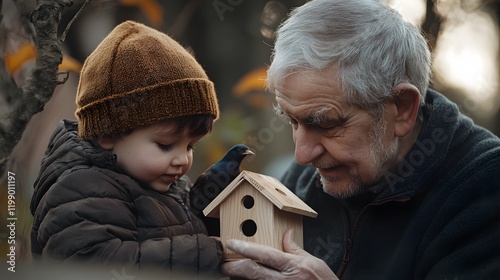 A child building a small birdhouse with their grandfather, the soft sound of birdsong in the background