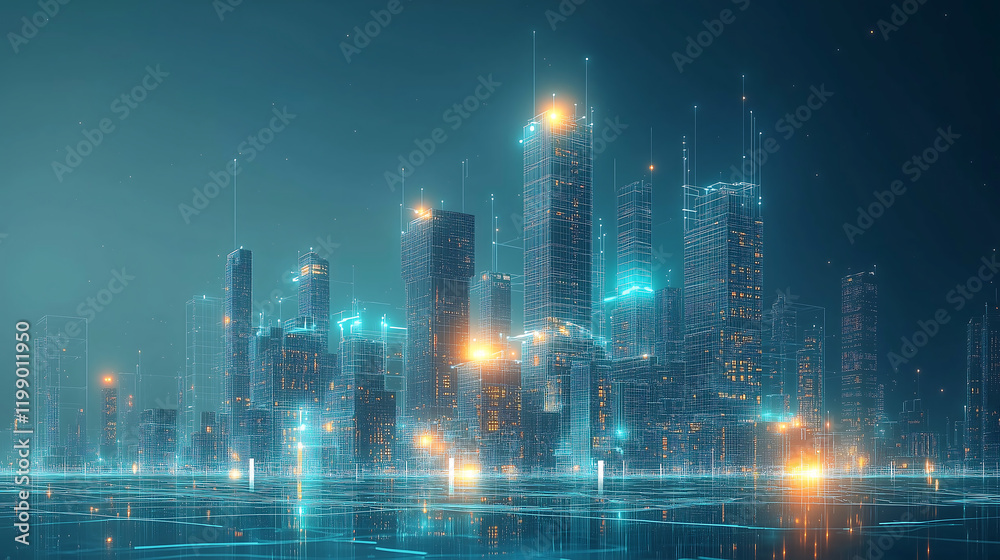 Naklejka premium Futuristic Digital Cityscape Featuring Modern Geometric Skyscrapers with Glowing Illuminations Highlighting Advanced Technology, Minimalistic Design, Innovative and Vibrant Urban Environment at Night