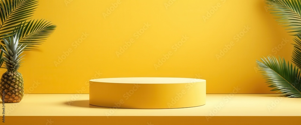 Yellow tropical background with round pedestal and palm leaves Yellow tropical background with round pedestal and palm leaves
