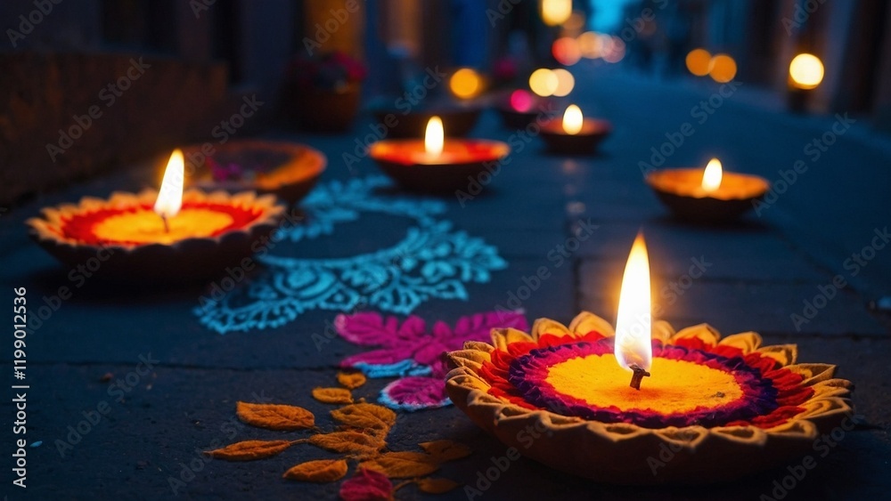 Happy Diwali! Light a diya lamp at night on the street. Happy Diwali festival with oil light, greeting card for the Diwali celebration, Diwali holiday background with rangoli. 3D Happy Diwali! Light a diya lamp at night on the street. Happy Diwali festival with oil light, greeting card for the Diwali celebration, Diwali holiday background with rangoli. 3D