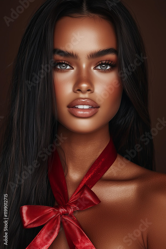 Captivating beauty with long hair and a red ribbon in an artistic portrait against a dark backdrop
