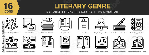 Literary Genre icon set. Editable Stroke Icon Collection. Includes library, literary, fiction, literature, romance, and More. Outline icons vector collection.