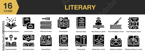Literary Genre solid icon set. Includes adventure, detective, reading, set, fantasy, and More. Solid icons vector collection.