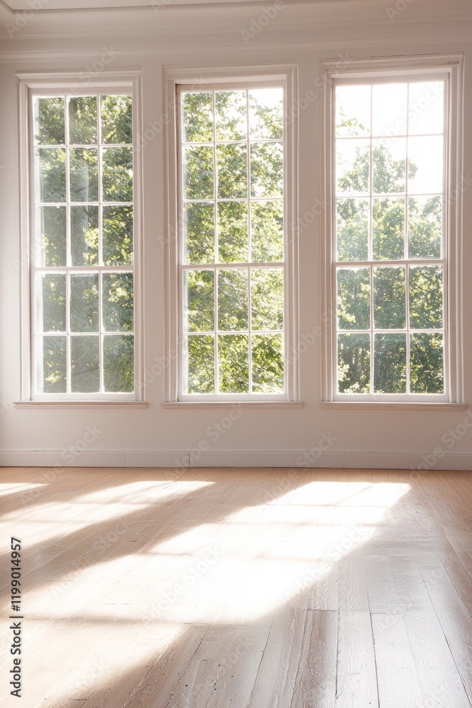 An empty room with large windows, a wooden floor, and soft sunlight streaming in. The room is a bright, white color. In the background, there are trees visible outside one of the windows. An empty room with large windows, a wooden floor, and soft sunlight streaming in. The room is a bright, white color. In the background, there are trees visible outside one of the windows.