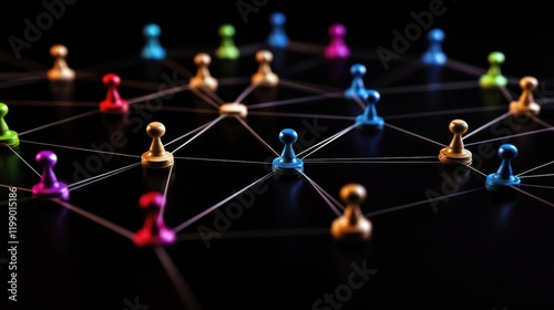 Abstract colorful business connection of lines from nodes It is connected to endless nodes and represents the innovation of communication in the network with black background