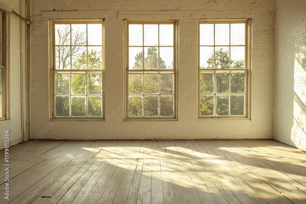 Fototapeta premium An empty room with large windows, a wooden floor, and soft sunlight streaming in. The room is a bright, white color. In the background, there are trees visible outside one of the windows. 