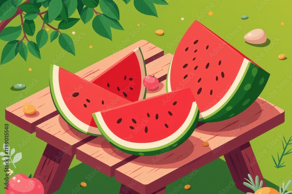 Vibrant watermelon picnic on wooden table in lush garden setting
