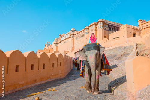A dark-skinned tourist dressed in traditional blue Indian attire rides a colorful elephant on the way to Amber Fort - Amer Fort Jaipur - Tourists enjoy elephant ride Amber Fort, Jaipur, India photo