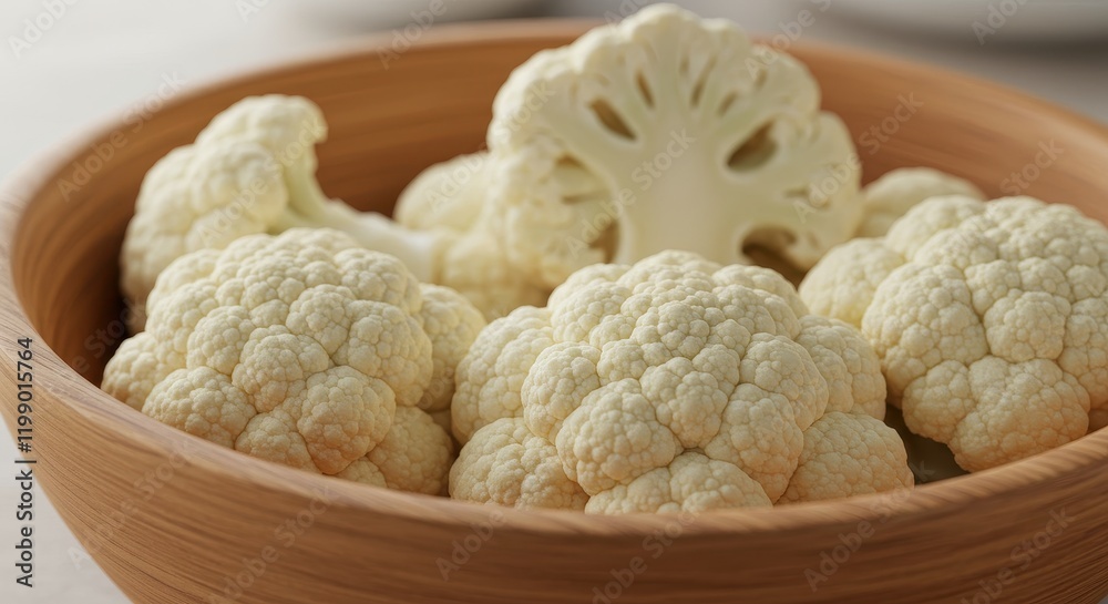 Fresh organic cauliflower florets in wooden bowl for healthy eating Fresh organic cauliflower florets in wooden bowl for healthy eating