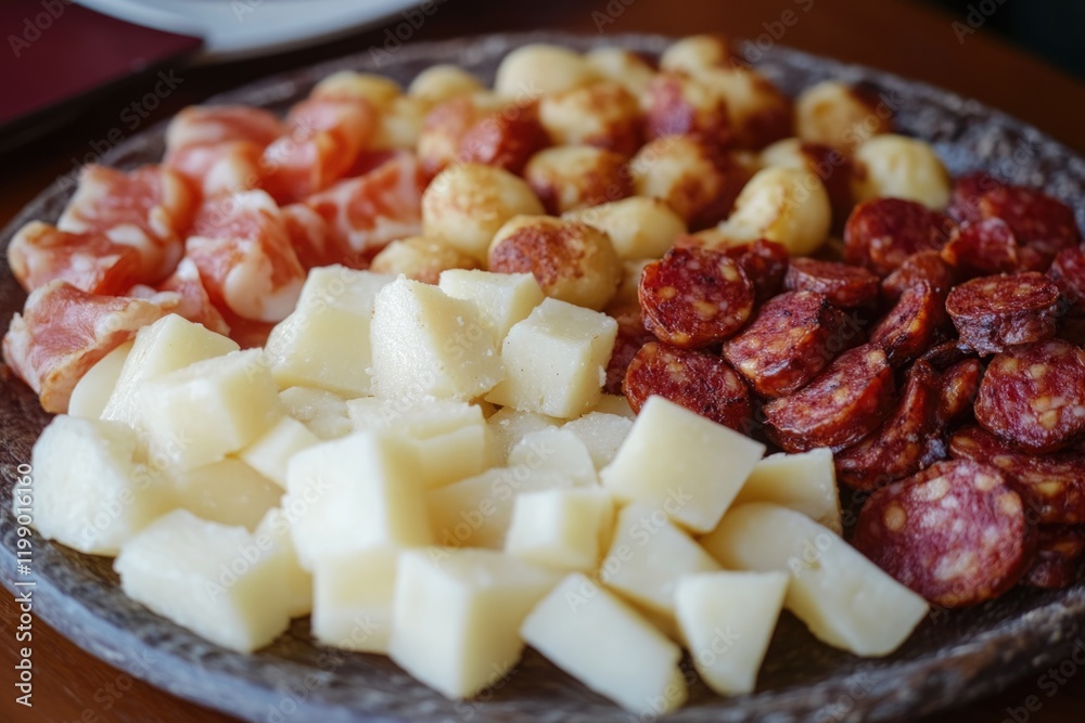 A plate of sliced meat and cheese arranged on a table, perfect for a snack or appetizer A plate of sliced meat and cheese arranged on a table, perfect for a snack or appetizer