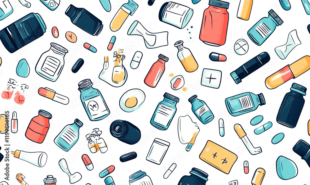 Seamless pattern of colorful medical items including vials, syringes, and pills on a white background. Seamless pattern of colorful medical items including vials, syringes, and pills on a white background.