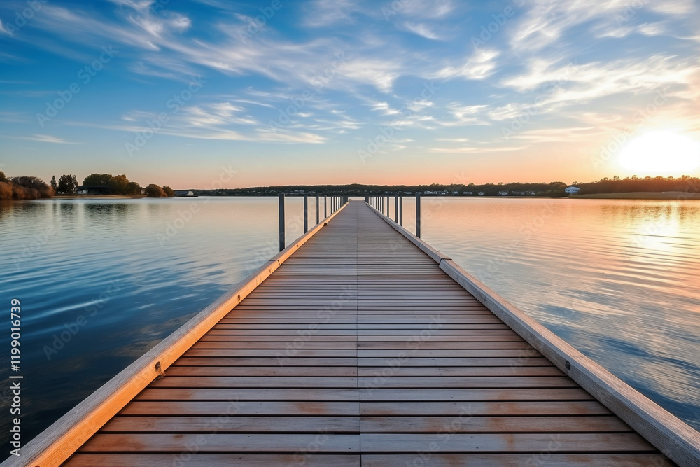 Obraz premium Tranquil wooden pier extending into serene lake at sunset
