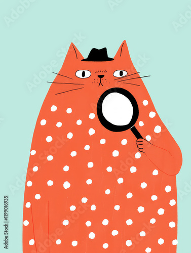 whimsical illustration of fat cat with detective hat, holding magnifying glass. cat features polka dot pattern, exuding playful and curious vibe