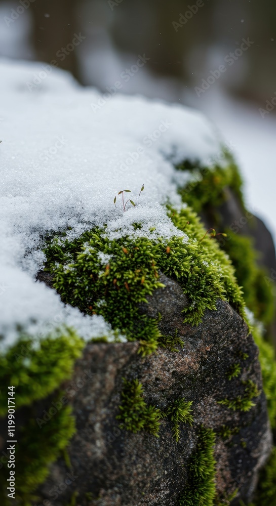 Snow-covered moss on rock captures winter serenity in nature Snow-covered moss on rock captures winter serenity in nature