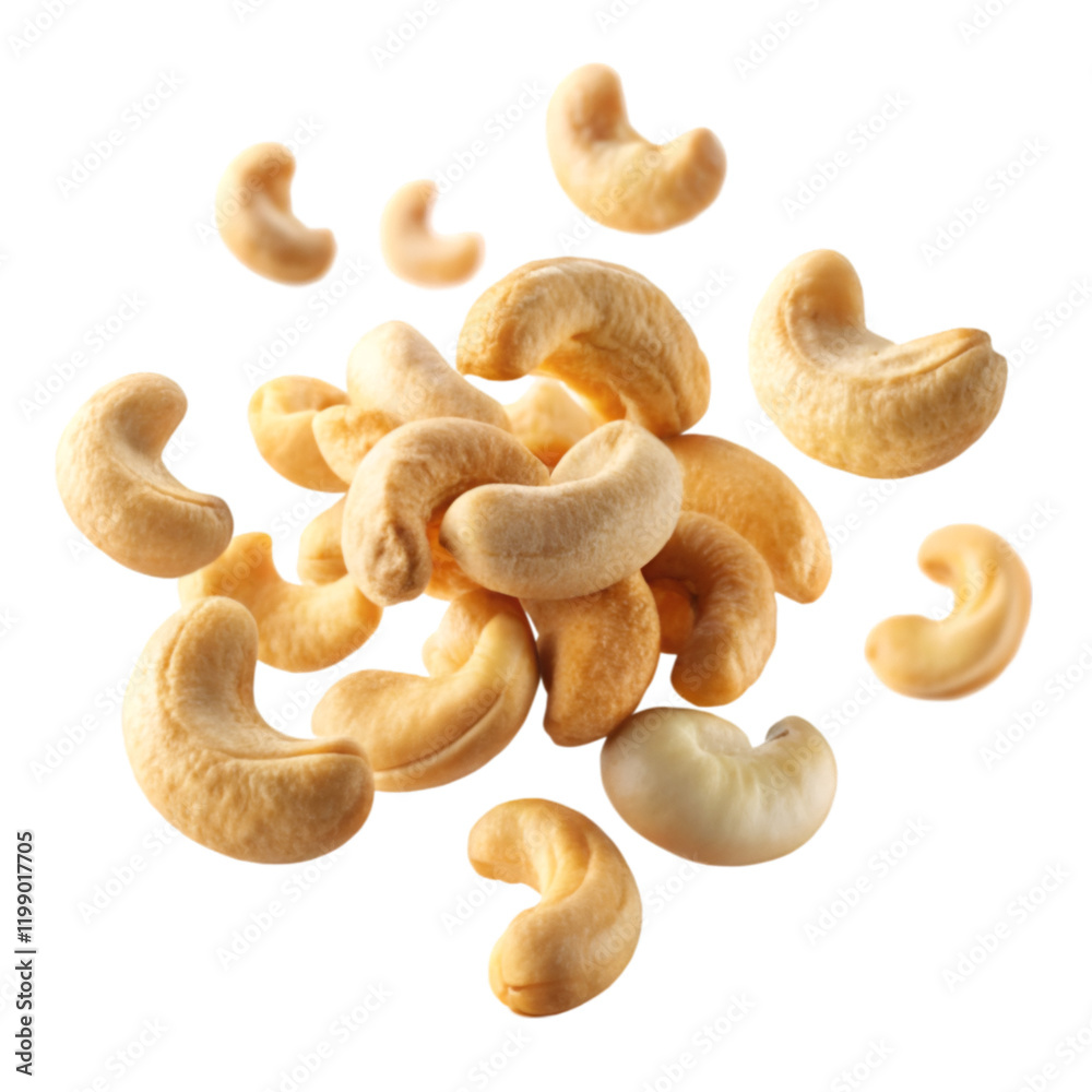 Cashews flying in the air isolated on transparent background Cashews flying in the air isolated on transparent background