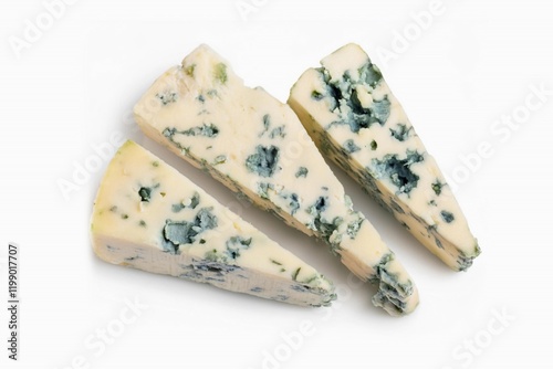 Slices Blue cheese isolated on white background with clipping path and full depth of field. Top view. Flat lay.