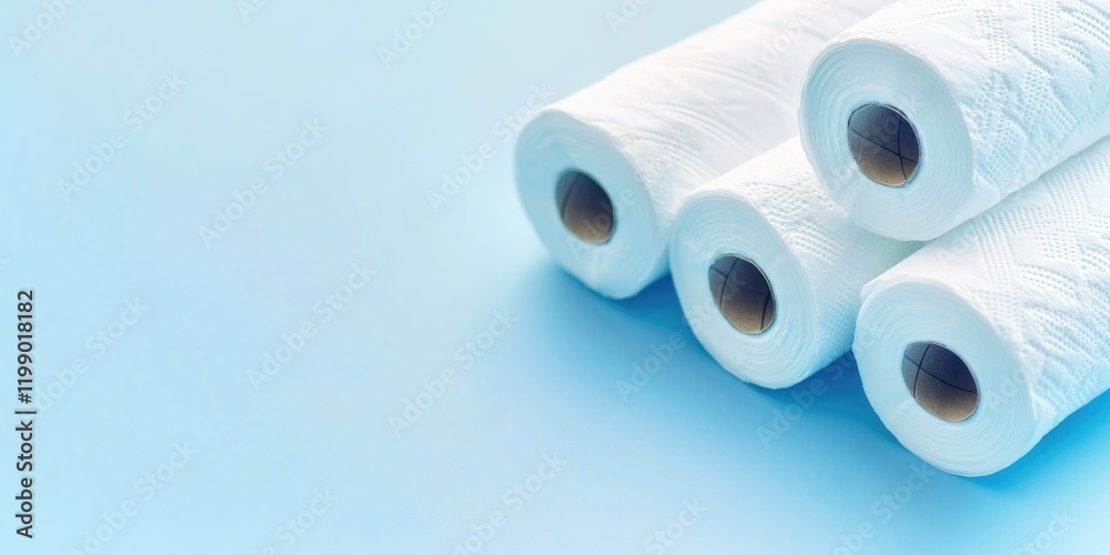 Three rolls of toilet paper placed on a blue surface Three rolls of toilet paper placed on a blue surface