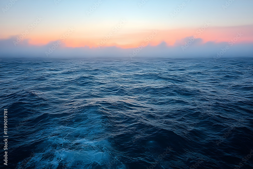 Obraz premium Ocean sunrise, misty horizon, calm waves, travel postcard