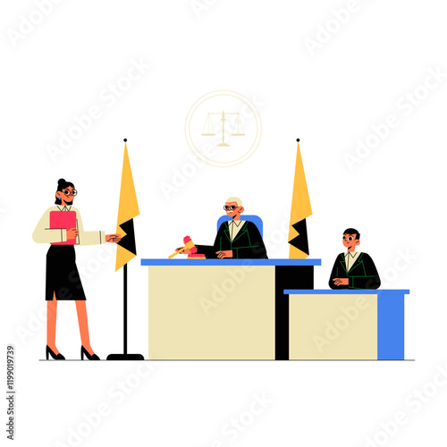 Female Lawyer Presenting Case To Judges In Flat Vector Illustration Symbolizing Justice, Courtroom Proceedings, And Legal System, Isolated On White Background