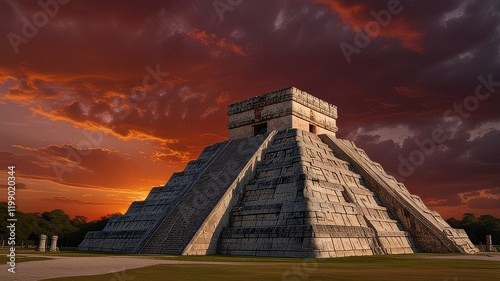 chichenitza in mexico during red sunset photo
